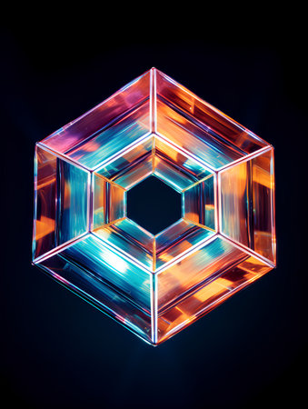 3d render, abstract cube in blue and orange neon light, isolated on black backgroundの素材
