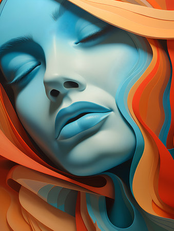 3d illustration of a woman's face in orange and blue colorsの素材
