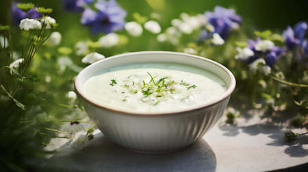 Creamy soup with wild flowers in a bowl on the tableの素材