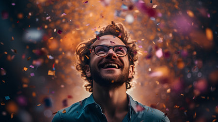 Portrait of a handsome young man with red hair and glasses standing under confetti.の素材