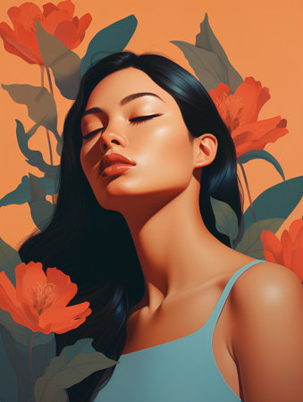 Portrait of a beautiful young woman with long black hair and flowers on orange backgroundの素材