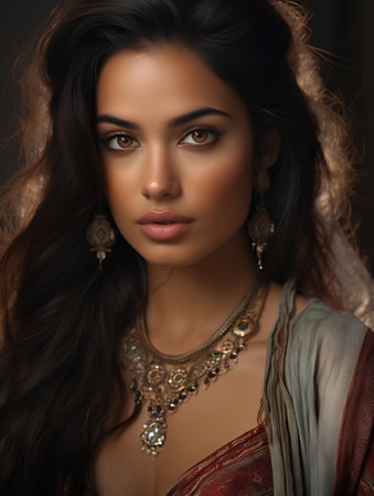 Portrait of a beautiful brunette woman in indian dress.の素材