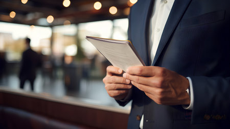 business, people and technology concept - close up of businessman with papers in cafeの素材