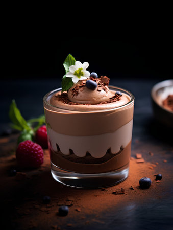 Classic tiramisu dessert in a glass with fresh berries and cocoa powder on dark backgroundの素材