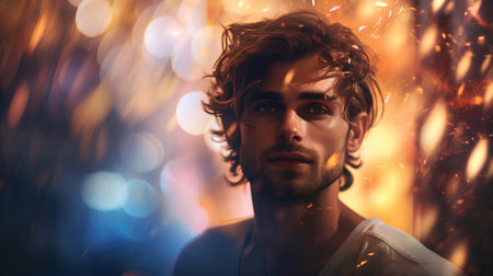 Portrait of a handsome young man with a burning fire background.の素材