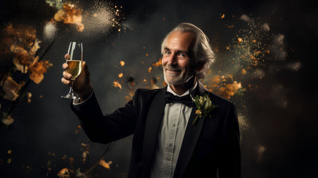 elegant senior man celebrating with champagne on a dark background with flowersの素材