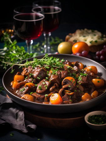 Beef Bourguignon stewed in wine sauce with parsley and tomatoesの素材