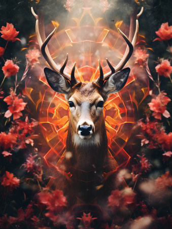 Portrait of a young deer with large antlers, surrounded by flowers.の素材