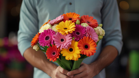 Man holding a bouquet of gerbera flowers, closeupの素材
