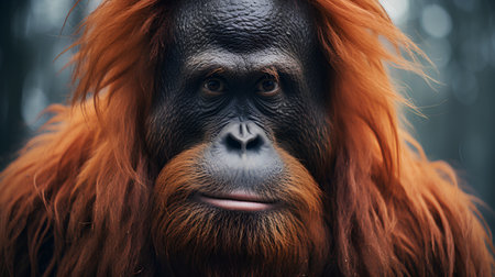 Portrait of an adult male orangutan in the jungle.の素材