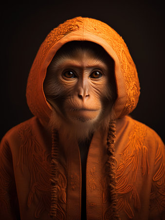 Monkey in orange clothes on a dark background. Studio portrait.の素材
