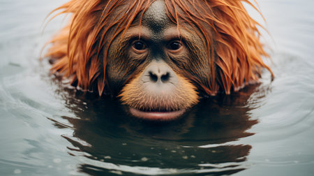 Orangutan in the water. Portrait of a wild animal.の素材