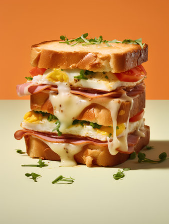 Sandwich with ham, cheese, tomato and mayonnaise on yellow backgroundの素材