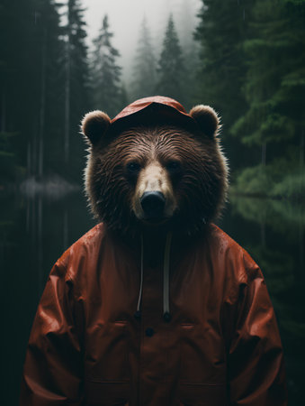 Portrait of a bear in a red raincoat and a cap.の素材
