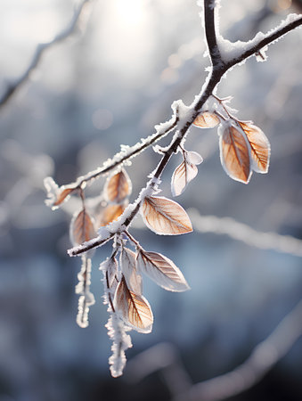 Frosted leaves on the branches of trees in the winter forestの素材