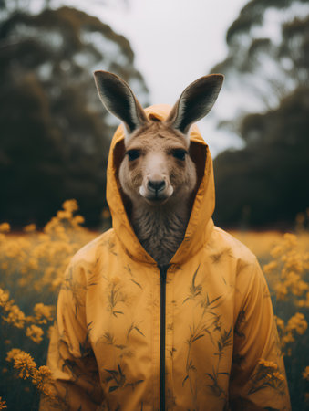 Kangaroo in a yellow raincoat on a yellow flower fieldの素材
