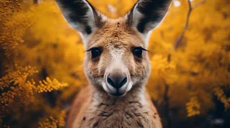 Portrait of a kangaroo in the Australian bush with yellow flowersの素材