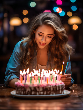 Beautiful young woman blowing out candles on birthday cake in a barの素材