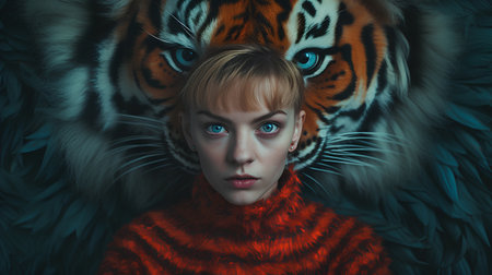 Portrait of a beautiful girl with a tiger in her hair.の素材