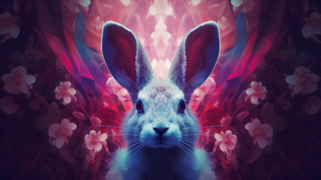 Cute rabbit with flowers on abstract background. 3D illustration.の素材
