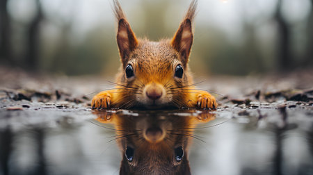 Squirrel drinking water from a puddle in the autumn forest.の素材