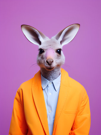 Funny bunny in orange jacket and blue shirt on purple background.の素材