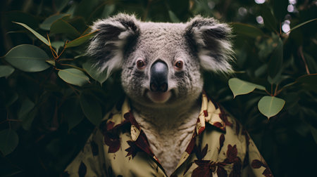 Koala in a raincoat on a background of eucalyptus leavesの素材