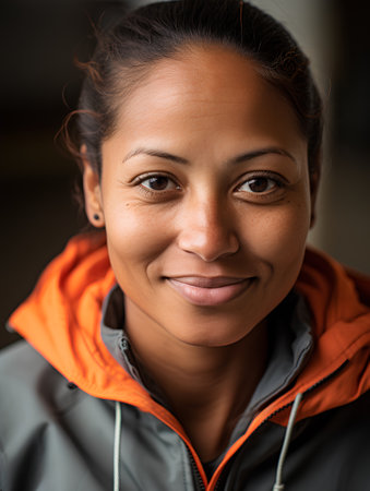 Portrait of a beautiful smiling young woman wearing an orange jacket.の素材