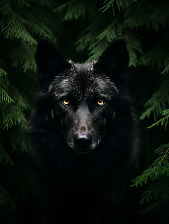 Black wolf in the forest. Black wolf on a dark background.の素材