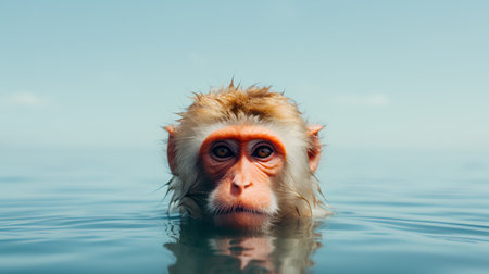 Monkey in the water. The Japanese macaque, Macaca fuscata, is a species of Old World monkey.の素材