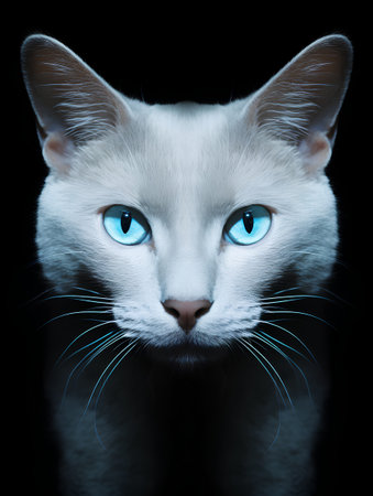 Portrait of a white cat with blue eyes on a black backgroundの素材