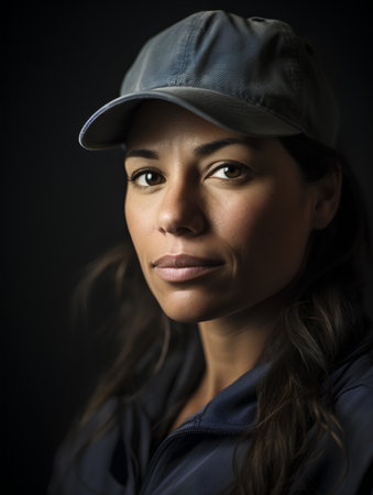 Portrait of a beautiful young woman wearing a baseball cap on a dark backgroundの素材