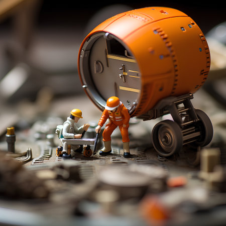 Miniature people : Engineer team working on the old computer. Repair and maintenance concept.の素材