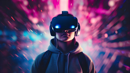 Young woman wearing virtual reality goggles. Future technology concept. 3D Renderingの素材