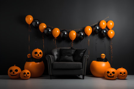 Black armchair with black and orange balloons in front of a black wall with a black sofa. 3d renderingの素材