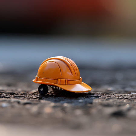 Orange hard hat on a construction site. Selective focus and shallow depth of field.の素材