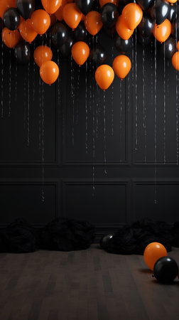 Black and orange balloons in a dark interior. 3D Renderingの素材