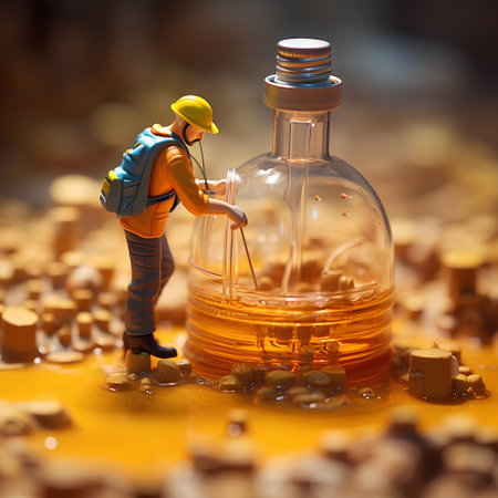 3d illustration of a construction worker pouring oil into a bottle.の素材