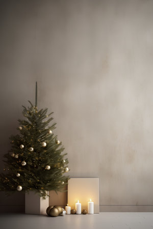 Christmas tree with candles in modern interior. 3d render illustration.の素材