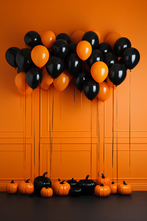Halloween orange background with black and orange balloons, 3d renderの素材