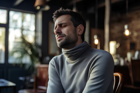 Portrait of a pensive man in a gray sweater looking away in a cafeの素材