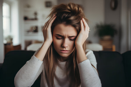 Unhappy young woman suffering from headache while sitting on sofa at homeの素材