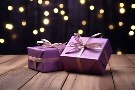 Gift boxes on wooden table with bokeh lights on backgroundの素材