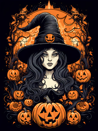 Halloween witch with pumpkins. Vector illustration for your design.の素材