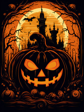 Halloween background with pumpkins, castle, castle and bats. Vector illustration.の素材