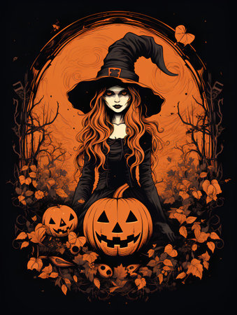 Halloween illustration. Witch with pumpkin. Vector illustration for your designの素材