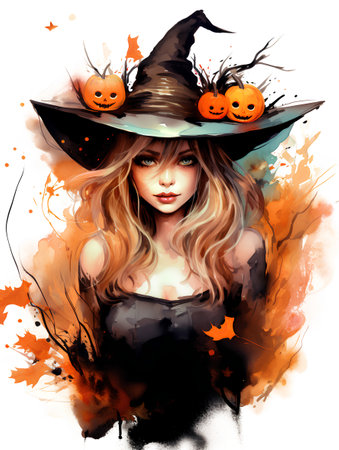Beautiful girl in witch costume with pumpkins. Halloween illustration.の素材