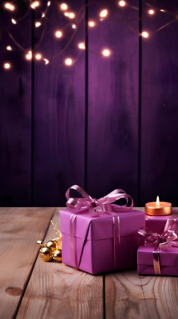 Gift box with bow and burning candle on wooden table against blurred backgroundの素材
