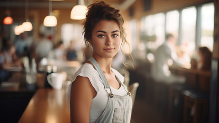 Portrait of a beautiful young woman standing in a coffee shop.の素材