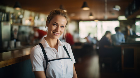 Portrait of a beautiful young waitress standing in a cafe and smilingの素材